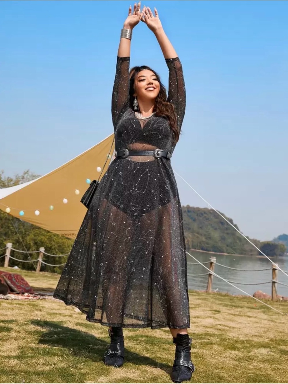 Black Sheer Sparkle Midi Dress with Starry Detail